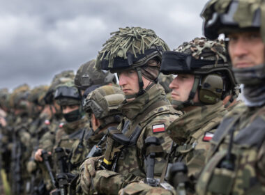 Polish soldiers from the NATO Response Force (NRF) stand ready to begin a live-fire exercise alongside French and Romanian troops at the NATO multinational battlegroup in Romania in June 2022.