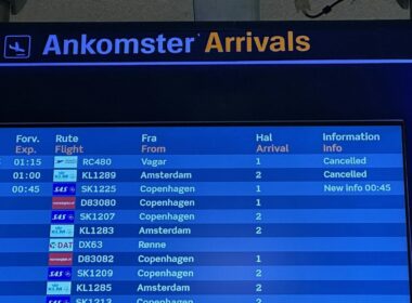 Arrivals board at Aalborg Airport Denmark’s Aalborg Airport again closed for one hour after police officer spots possible drone showing cancelled and delayed flights during airspace shutdown. Photo: Per F. Paulsen, TV 2 Nord