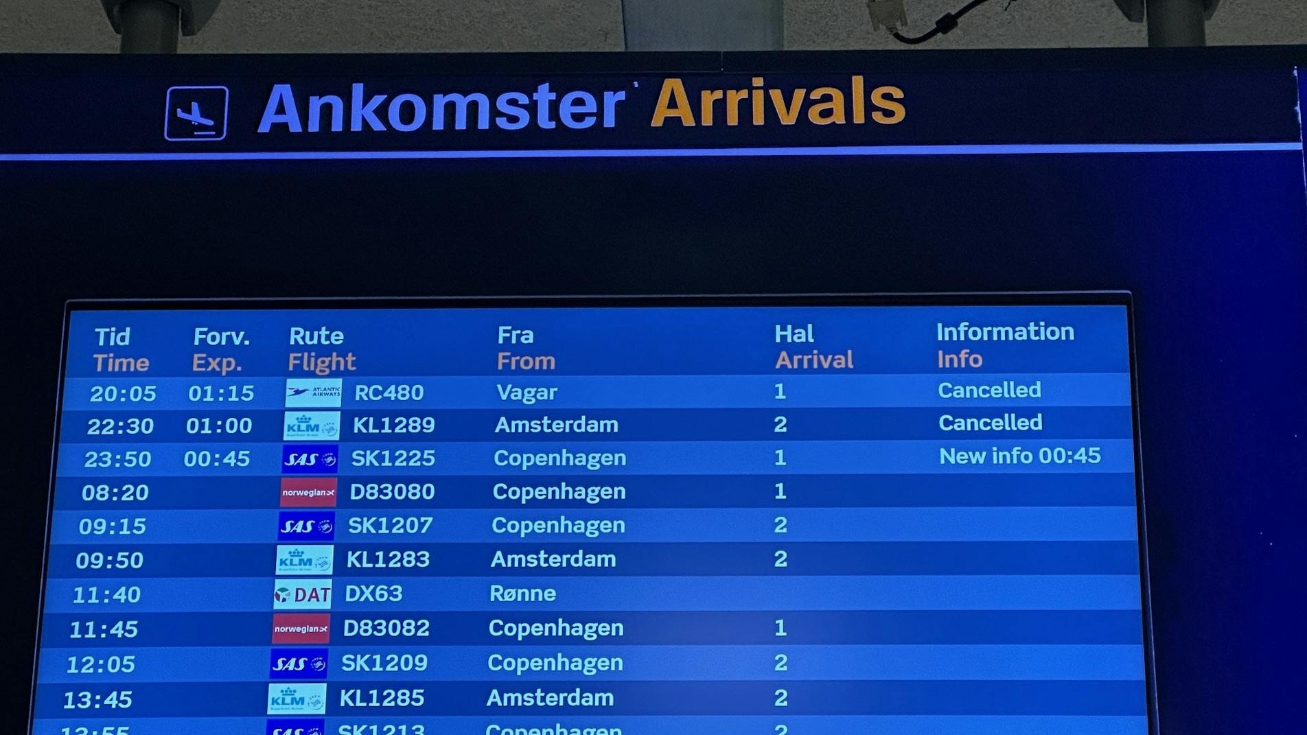 Arrivals board at Aalborg Airport Denmark’s Aalborg Airport again closed for one hour after police officer spots possible drone showing cancelled and delayed flights during airspace shutdown. Photo: Per F. Paulsen, TV 2 Nord
