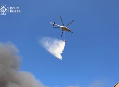 woman dies kyiv basement baby killed russia attacks ukraine record 800+ drones helicopter extinguising fires after russian air attack overnight 7 2025 telegram/ihor klymenko 32581a6d-11b2-4cd8-bbc9-428c4e0207dc early hours launched one its