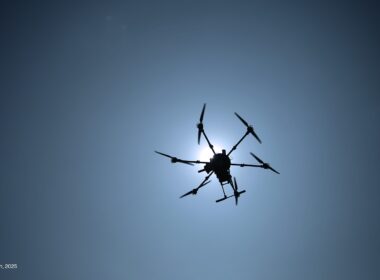 Ukrainian drone in the sky.