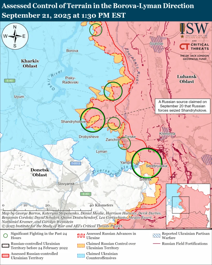 "Assessed control of terrain in the Borova-Lyman direction War on 21 September. Sourse Institute for the Study of War"