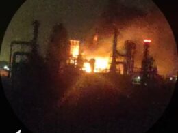 Fire at the Afipsky oil refinery overnight on 26 September 2025. Screenshot from Telegram video published by Exilenova+.
