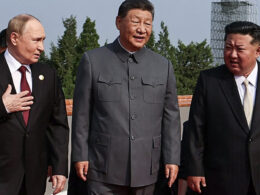 Russian President Vladimir Putin, Chinese President Xi Jinping, and North Korean leader Kim Jong Un walk together during the military parade in Beijing on 3 September 2025, commemorating the 80th anniversary of Japan's World War II surrender.