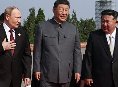 Russian President Vladimir Putin, Chinese President Xi Jinping, and North Korean leader Kim Jong Un walk together during the military parade in Beijing on 3 September 2025, commemorating the 80th anniversary of Japan's World War II surrender.