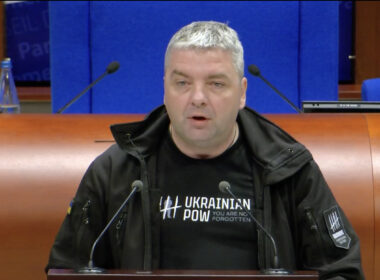 Maksym Butkevych delivers his acceptance speech at the Parliamentary Assembly of the Council of Europe in Strasbourg on 29 September, wearing a hoodie with the message "Ukrainian POW You Are Not Forgotten." The journalist and human rights defender became the first Ukrainian to receive the Václav Havel Human Rights Prize since its establishment in 2013. Photo: PACE