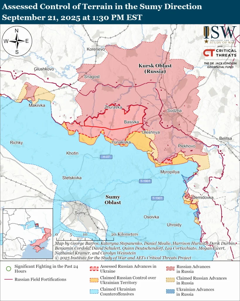 "Assessed control of terrain in the Sumy direction War on 21 September. Sourse Institute for the Study of War"