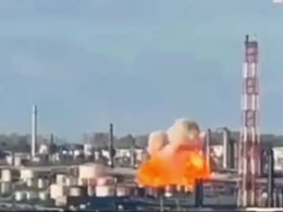 Frame from video posted on Telegram appearing to show a blast at the Novo-Ufa refinery following an alleged drone strike.