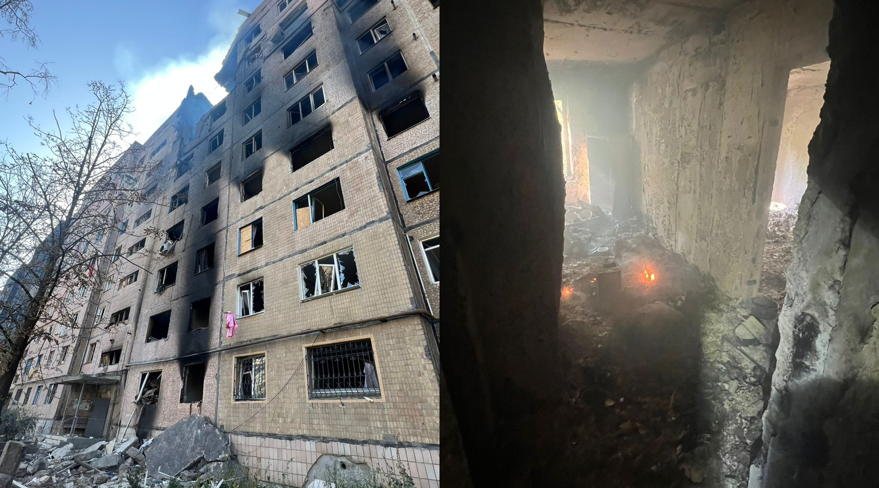 Two photos showing an apartment building in Kostiantynivka damaged during Russian strikes.