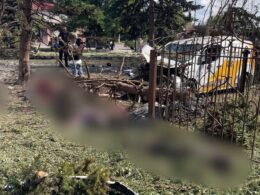 Street in Yarova, Donetsk Oblast, showing destruction and debris following a Russian airstrike that targeted civilians.