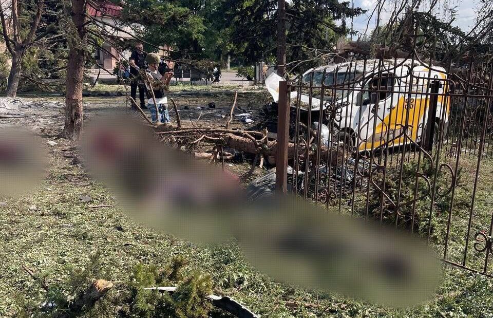 Street in Yarova, Donetsk Oblast, showing destruction and debris following a Russian airstrike that targeted civilians.