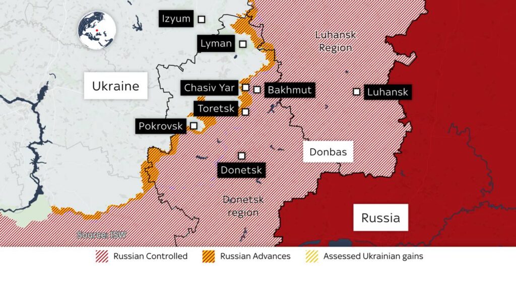 Map of territories controlled by Ukraine and Russia. Photo credit ISW
