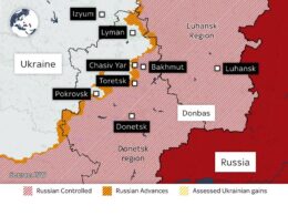 Map of territories controlled by Ukraine and Russia. Photo credit ISW