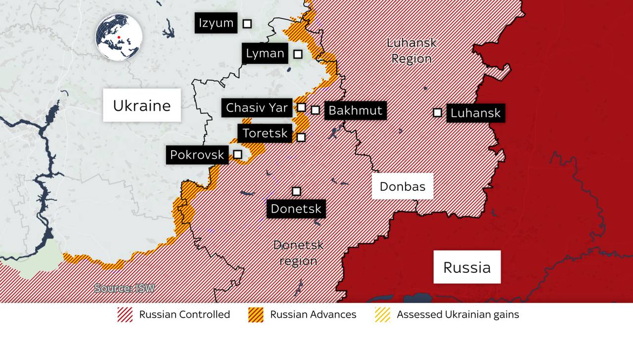 Map of territories controlled by Ukraine and Russia. Photo credit ISW
