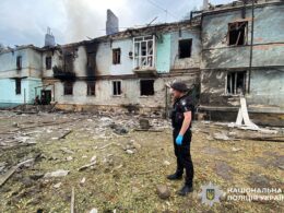 Destroyed apartment facades and debris in Kostiantynivka, Ukraine, following a Russian FAB-250 airstrike.