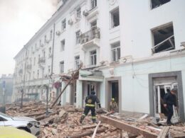 Damaged residential building after a drone strike on the Ukrainian city of Dnipro on 30 September, 2025.