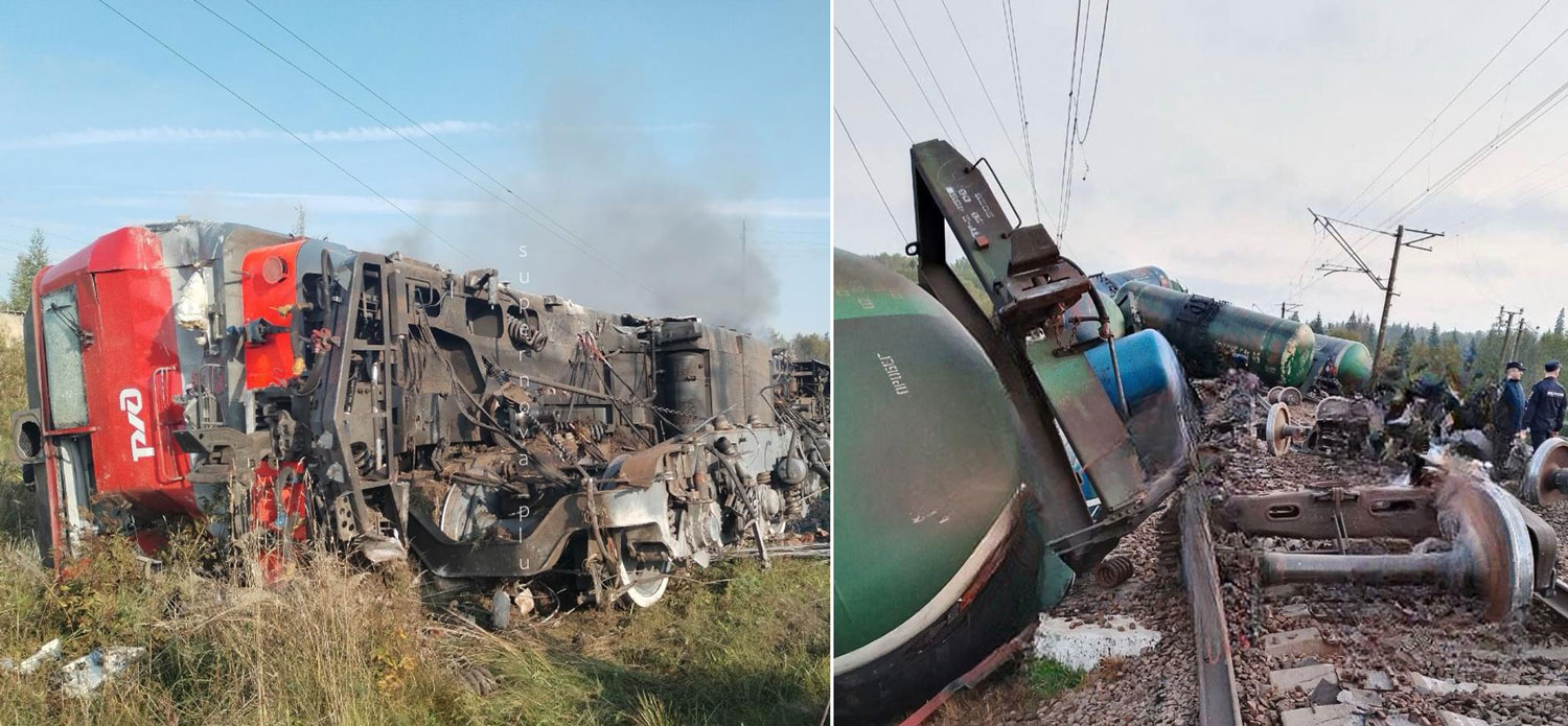 sabotage rails 15 tankers off track train driver dead near st petersburg—3 rosgvardia blown up rail bomb oryol oblast derailments across russia's leningrad 14 2025 photos telegram/supernova+ russian-train-decided-to-have-a-nap three rosgvardiya