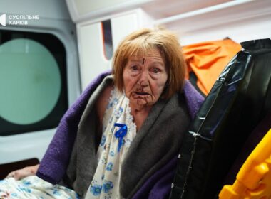 An injured woman receives medical assistance in an ambulance following the Russian strike on Kharkiv on 1 October 2025.