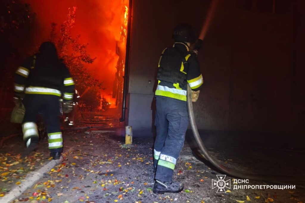 Ukrainian emergency responders battle blaze at industrial facility in Dnipropetrovsk Oblast following overnight Russian drone strike on 15 October.