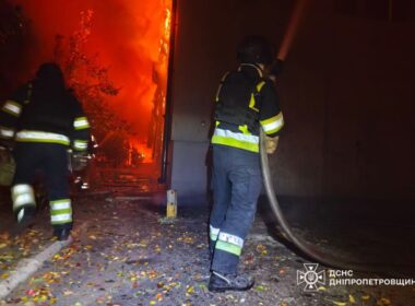 Ukrainian emergency responders battle blaze at industrial facility in Dnipropetrovsk Oblast following overnight Russian drone strike on 15 October.