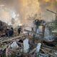 Ukrainian rescuers work to extinguish flames at a destroyed private home in Orilka, Kharkiv Oblast, after a Russian Shahed drone strike injured a family of four on 20 October.