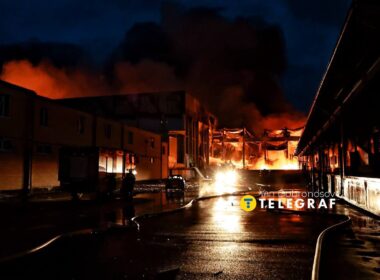 Firefighters battle a blaze following a Russian ballistic missile strike on Kyiv during the overnight attack on 25 October 2025.