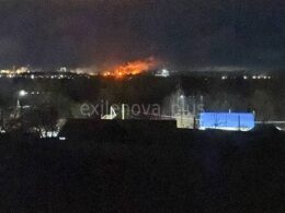 Fire visible at the NS-Oil refinery in Novospasskoye settlement, Ulyanovsk Oblast, Russia, on the night of 29 October 2025, following reported drone strikes on the facility.