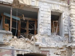 The destroyed wall of the Kherson Regional Museum of Local History.
