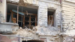 The destroyed wall of the Kherson Regional Museum of Local History.