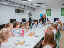Ukrainian students attend class in the new underground educational center in frontline Izium, Kharkiv Oblast.