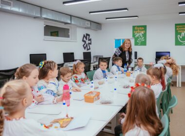 Ukrainian students attend class in the new underground educational center in frontline Izium, Kharkiv Oblast.