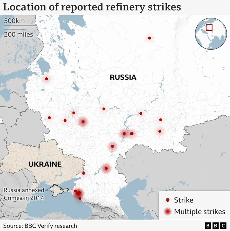 bbc verify counts 21 russian oil refineries hit since — already 48% more than all 2024 reported ukrainian drone strikes across country including multiple hits major facilities 58e5a6f0-9eda-11f0-92db-77261a15 reports ukraine’s