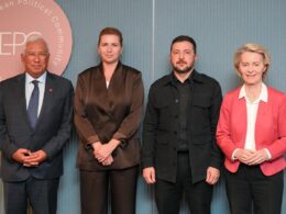 From left to right: António Costa, Mette Frederiksen, Volodymyr Zelenskyy, and Ursula von der Leyen at the EPC summit in Denmark, 1 October 2025.