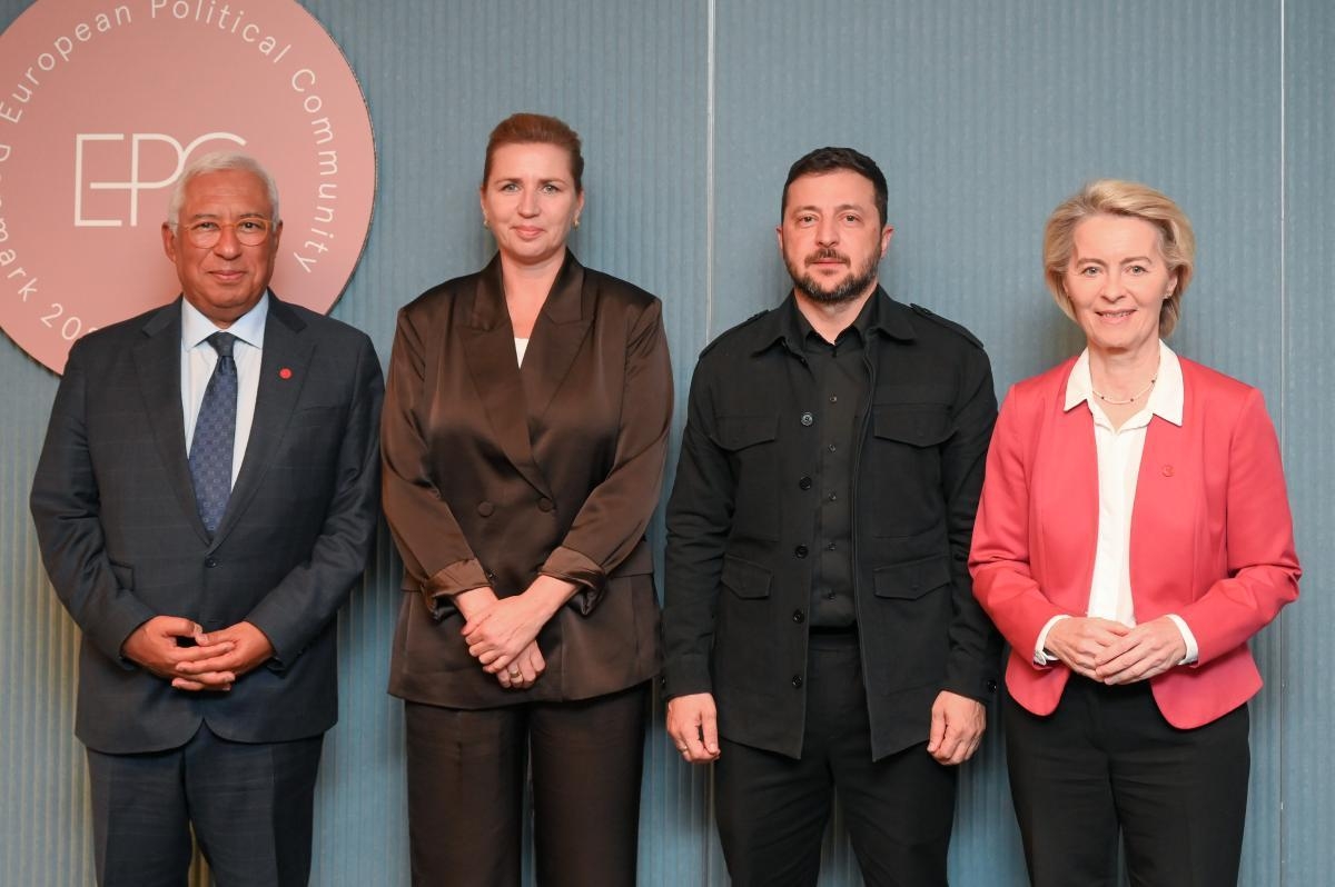 From left to right: António Costa, Mette Frederiksen, Volodymyr Zelenskyy, and Ursula von der Leyen at the EPC summit in Denmark, 1 October 2025.