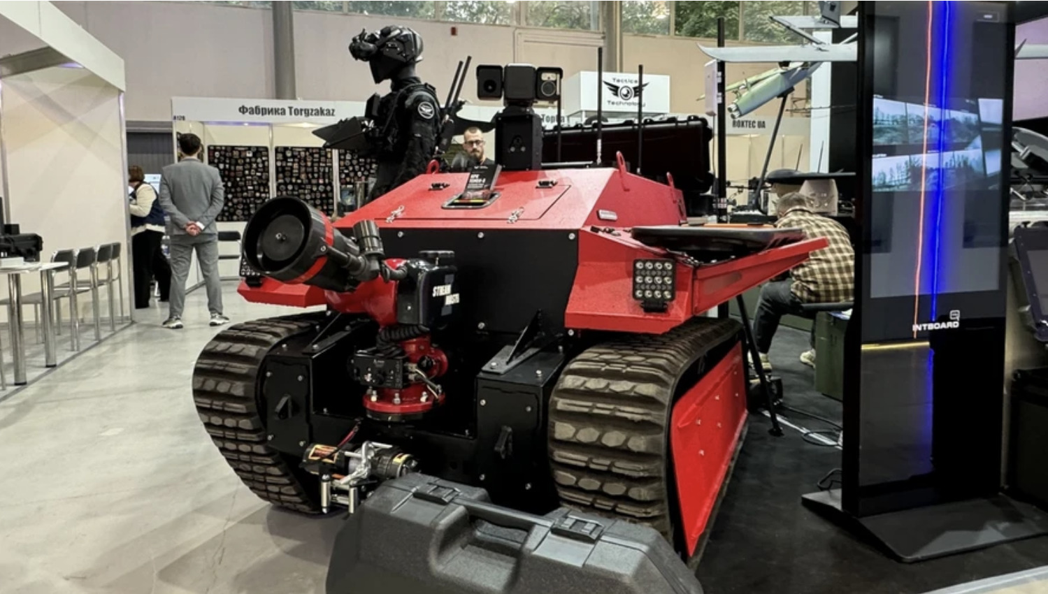 The Tengu-5 firefighting robot on display at the SECURITY 2.0 exhibition in Kyiv. The tracked robotic complex features camera systems with thermal imaging mounted on top and is designed to extinguish fires at military and energy facilities where human responders cannot safely operate.