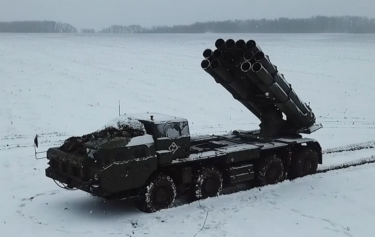 A Russian “Tornado-S” multiple launch rocket system.