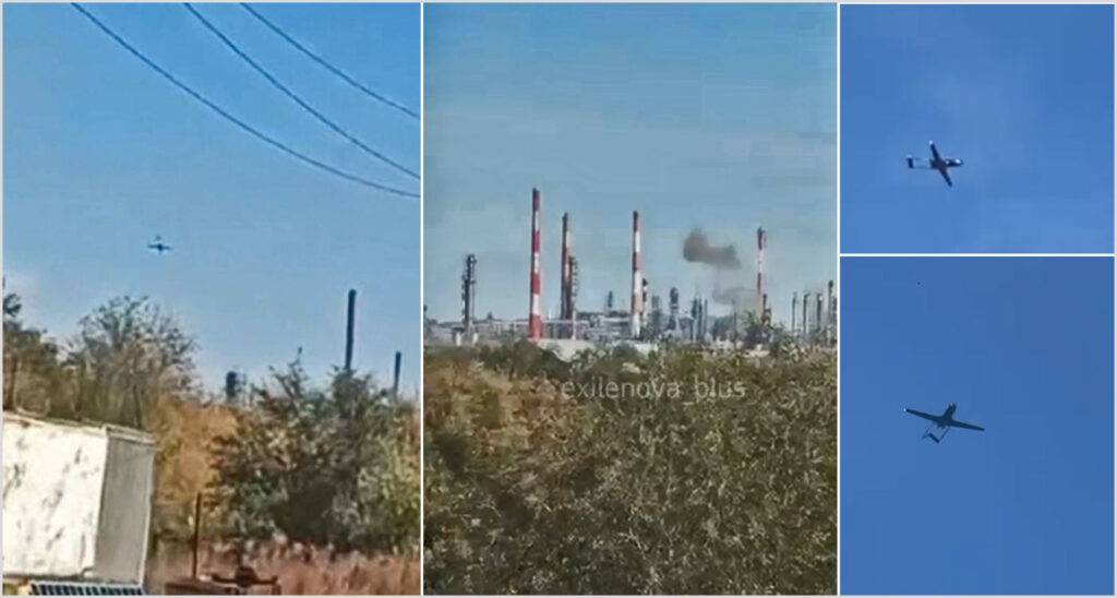 ukraine’s drones flew 1400 km strike orsk refinery — russian propagandist blames kazakhstan calls smoke rises over orsknefteorgsintez after one drone strikes (center); ukrainian liutyi long-range seen approaching moments earlier