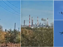 ukraine’s drones flew 1400 km strike orsk refinery — russian propagandist blames kazakhstan calls smoke rises over orsknefteorgsintez after one drone strikes (center); ukrainian liutyi long-range seen approaching moments earlier