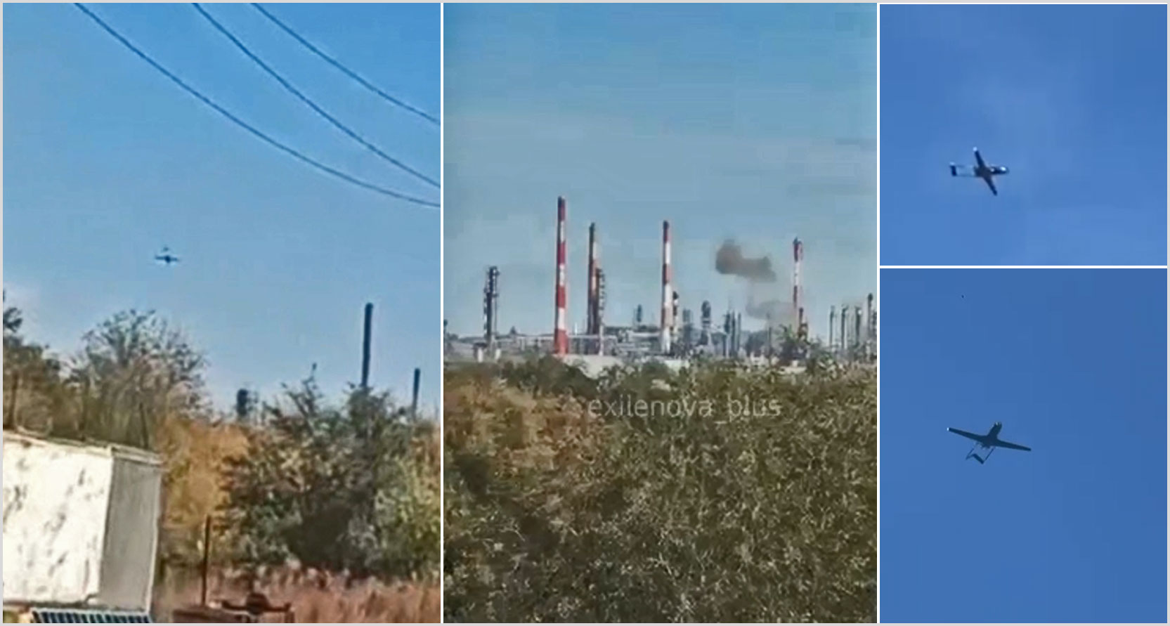 Máy bay không người lái của Ukraine bay 1400 km tấn công nhà máy lọc dầu Orsk — tuyên truyền viên Nga đổ lỗi cho Kazakhstan cho biết khói bốc lên trên Orsknefteorgsintez sau khi một máy bay không người lái tấn công (ở giữa); tên lửa tầm xa Liutyi của Ukraine được nhìn thấy đang tiếp cận vài phút trước đó
