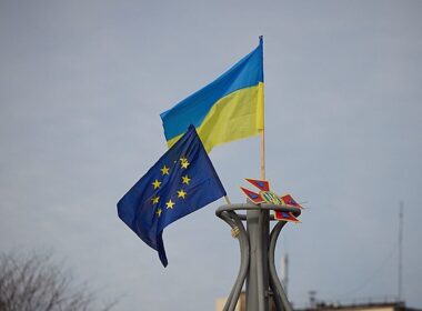 Ukrainian and EU flags in Kherson, Ukraine, November 2022.