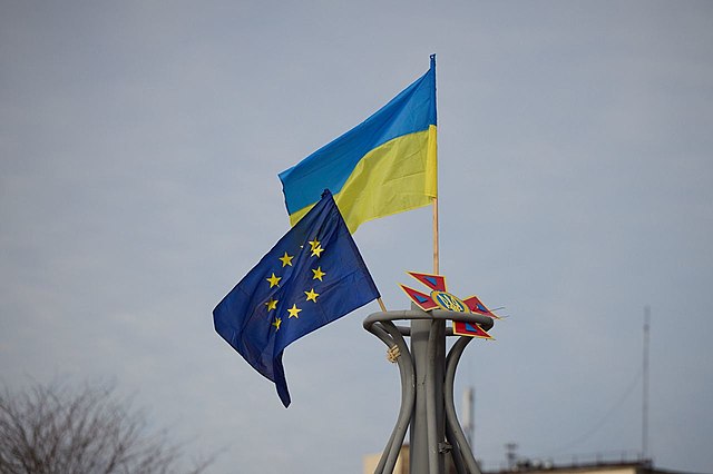 Ukrainian and EU flags in Kherson, Ukraine, November 2022.