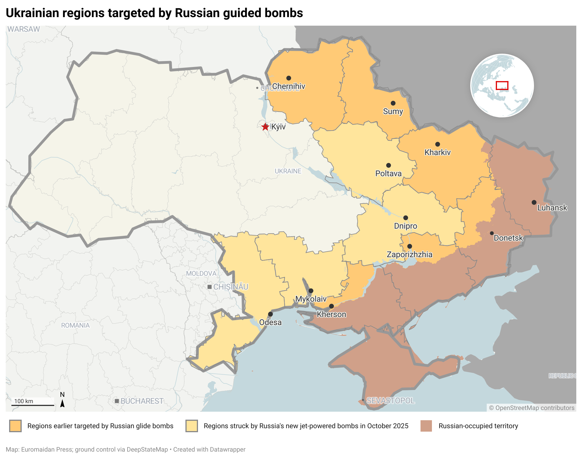 russia expands range its glide bombs — ukraine says can shoot down · post ukrainian regions targeted russian guided orange areas mark oblasts previously hit conventional while yellow highlights struck