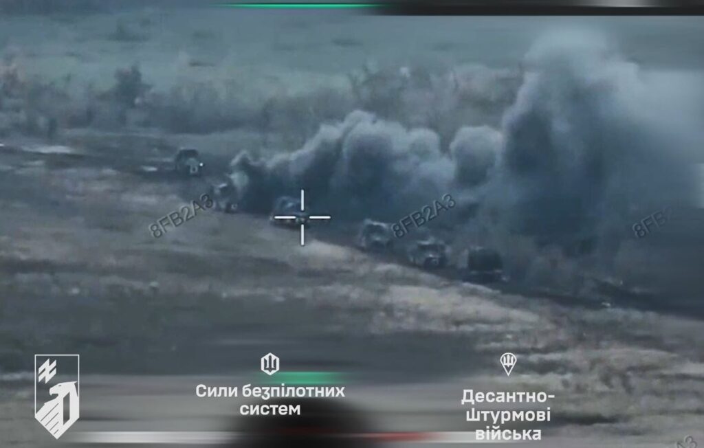 Ukrainian drone Six-hour tank assault, 29 armored vehicles, zero breakthroughs: Russia’s biggest autumn push fails near Volodymyrivka footage shows Russian armored vehicles under attack and engulfed in smoke near Dobropillia on 27 October 2025. Photo: 1st National Guard Corps "Azov"