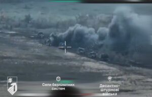 Ukrainian drone Six-hour tank assault, 29 armored vehicles, zero breakthroughs: Russia’s biggest autumn push fails near Volodymyrivka footage shows Russian armored vehicles under attack and engulfed in smoke near Dobropillia on 27 October 2025. Photo: 1st National Guard Corps 