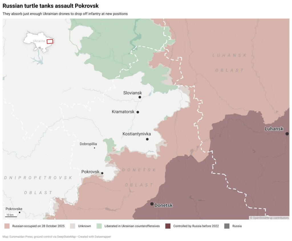 Russian turtle tanks assault Pokrovsk