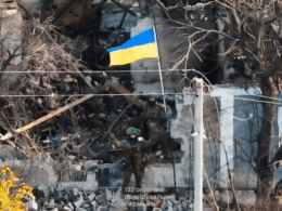 Ukrainian soldiers raising the Ukrainian flag in the liberated village of Kucheriv Yar, Donetsk Oblast, 22 October, 2025. Screenshot from video.