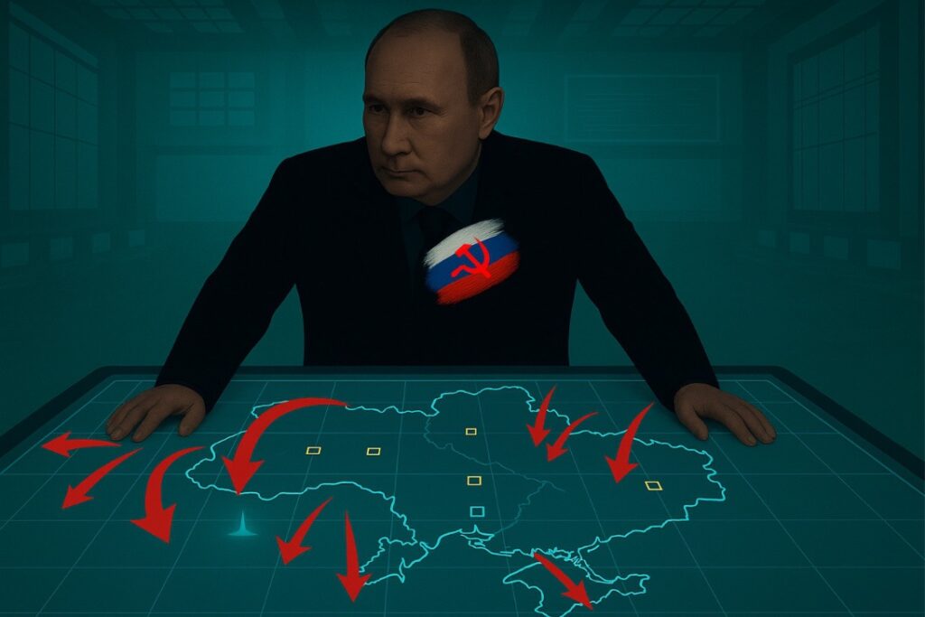 Illustration showing the Kremlin leader overseeing a digital battlefield map, symbolizing Russia’s evolving military strategy in the Ukraine war and ambitions for a wider conflict in Europe