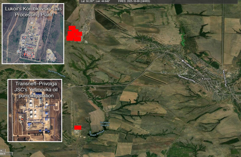 NASA FIRMS map showing fires at a gas plant and oil pumping station west of Kotovo in Russia's Volgograd Oblast. 9 October 2025. Google satellite view of the facilities added. lukoil- gas-processing-plant-and-transneft-oil-pumping-station-on-fire