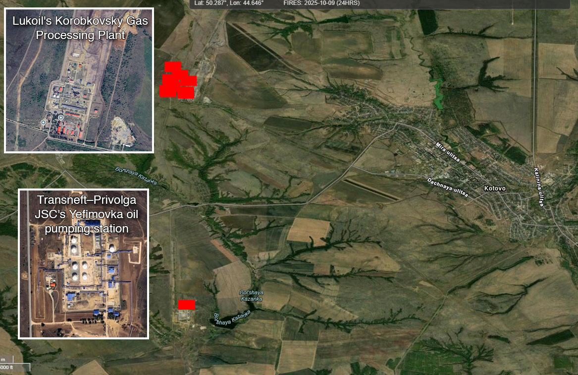 NASA FIRMS map showing fires at a gas plant and oil pumping station west of Kotovo in Russia's Volgograd Oblast. 9 October 2025. Google satellite view of the facilities added. lukoil- gas-processing-plant-and-transneft-oil-pumping-station-on-fire