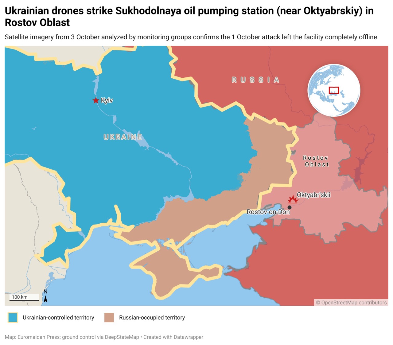 Map showing the location of the Sukhodolnaya oil pumping station near Oktyabrskiy in Russia’s Rostov Oblast, targeted by Ukrainian drones on 1 October, with satellite analysis confirming severe damage